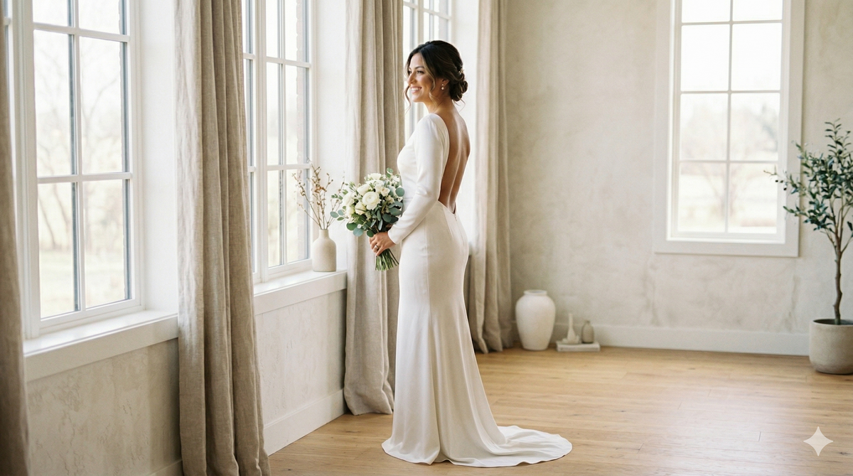 Bride in a backless white wedding dress looking confident and radiant