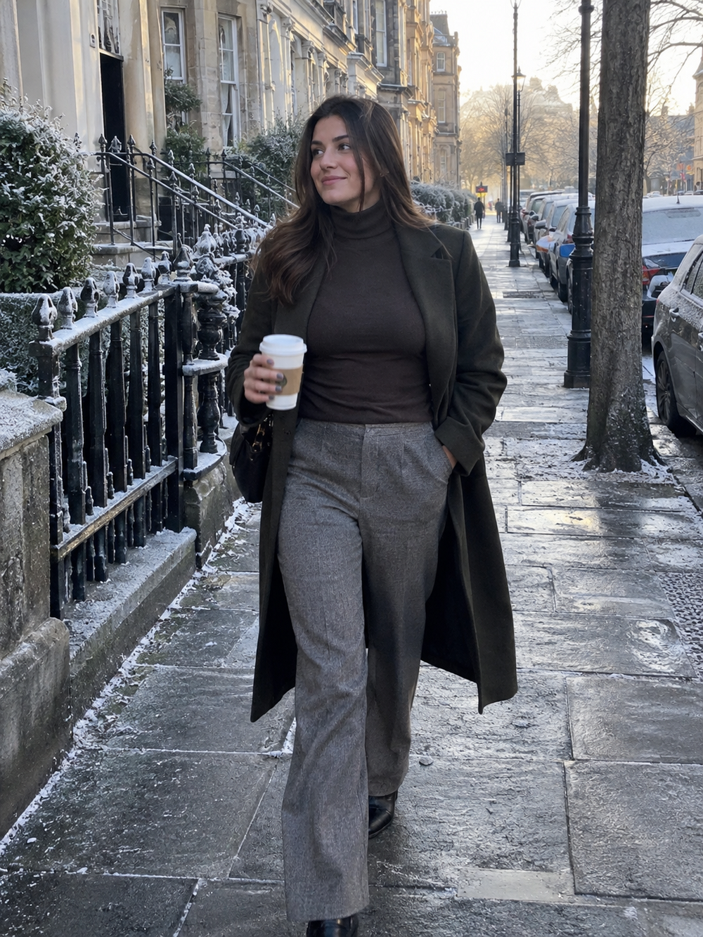 A woman in a fitted roll-neck holding a coffee on a frosty street.