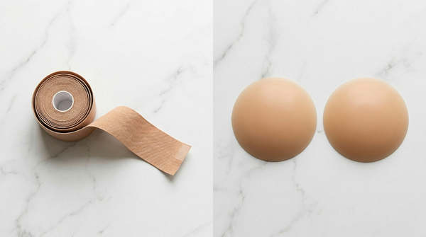 Boob tape and silicone nipple covers side by side on a white surface
