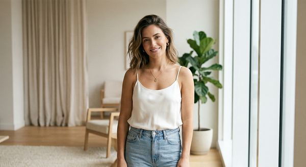 Woman wearing a thin camisole top confidently without a bra