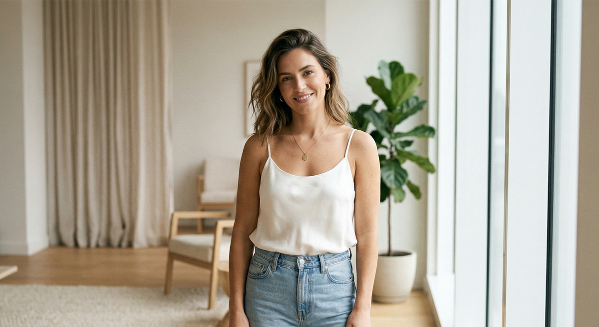 Woman wearing a thin camisole top confidently without a bra
