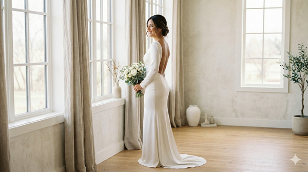 Bride in a backless white wedding dress looking confident and radiant