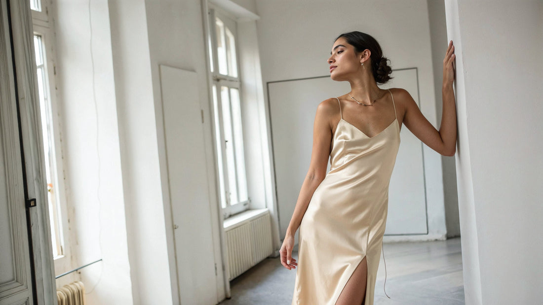 Woman wearing a champagne satin slip dress confidently without a bra using silicone nipple covers