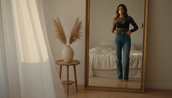 Woman wearing a sheer black mesh top over a fitted camisole and high-waisted jeans, getting ready in front of a full-length mirror in a softly lit bedroom at golden hour